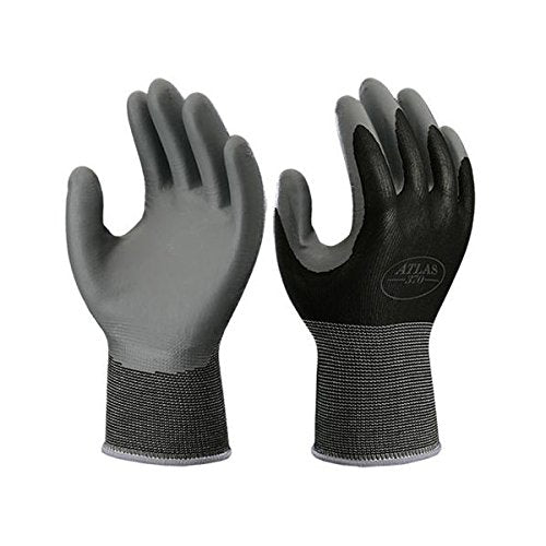 Showa Atlas 370BLK dark-color gloves mask wear in dirty environments.