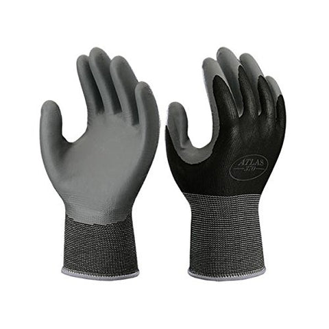 Showa Atlas 370BLK dark-color gloves mask wear in dirty environments.