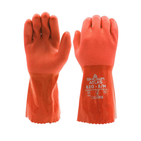 SHOWA Atlas 620 PVC-coated glove showing flexible grip for chemical tasks.