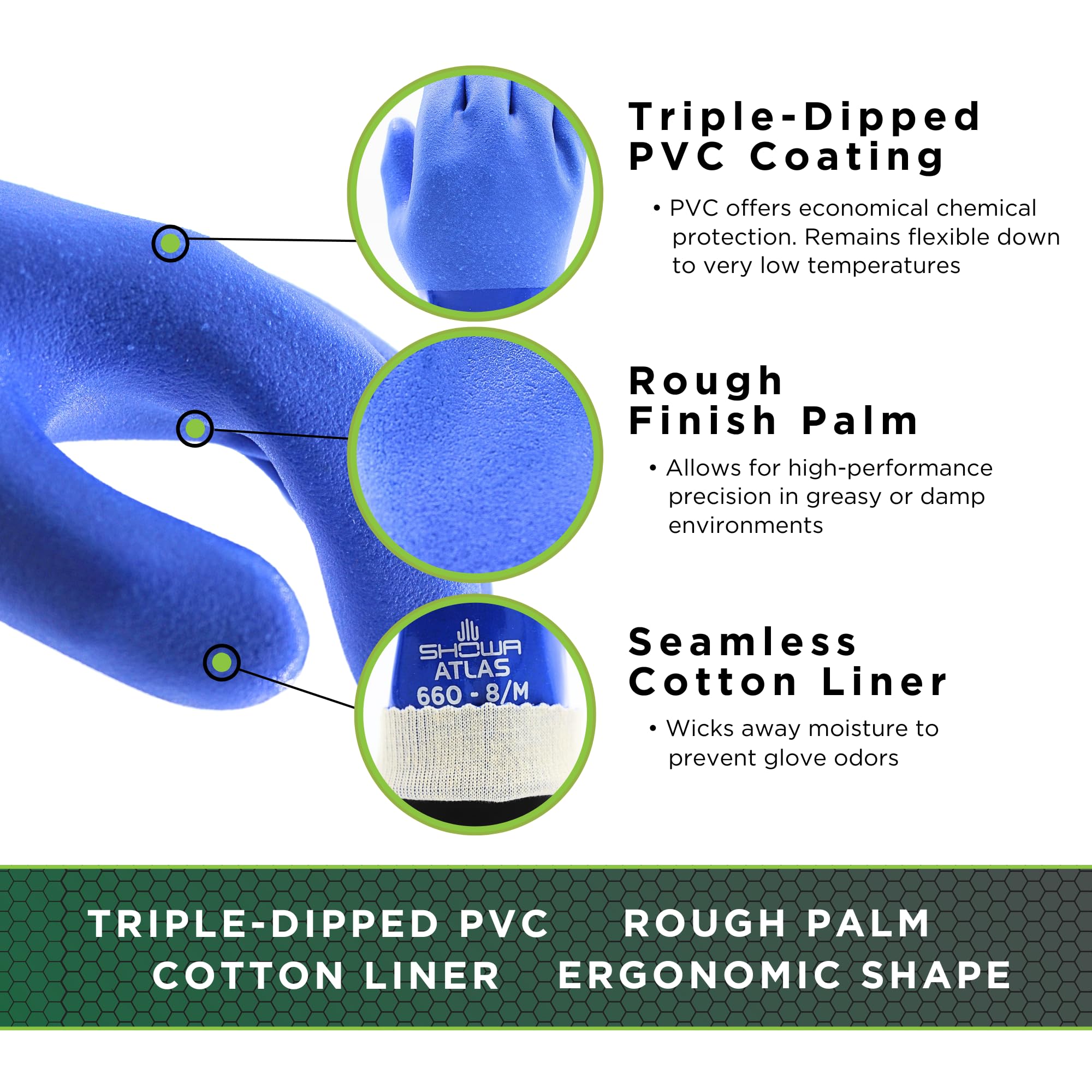 Showa Atlas 660 with seamless cotton liner providing moisture-wicking comfort