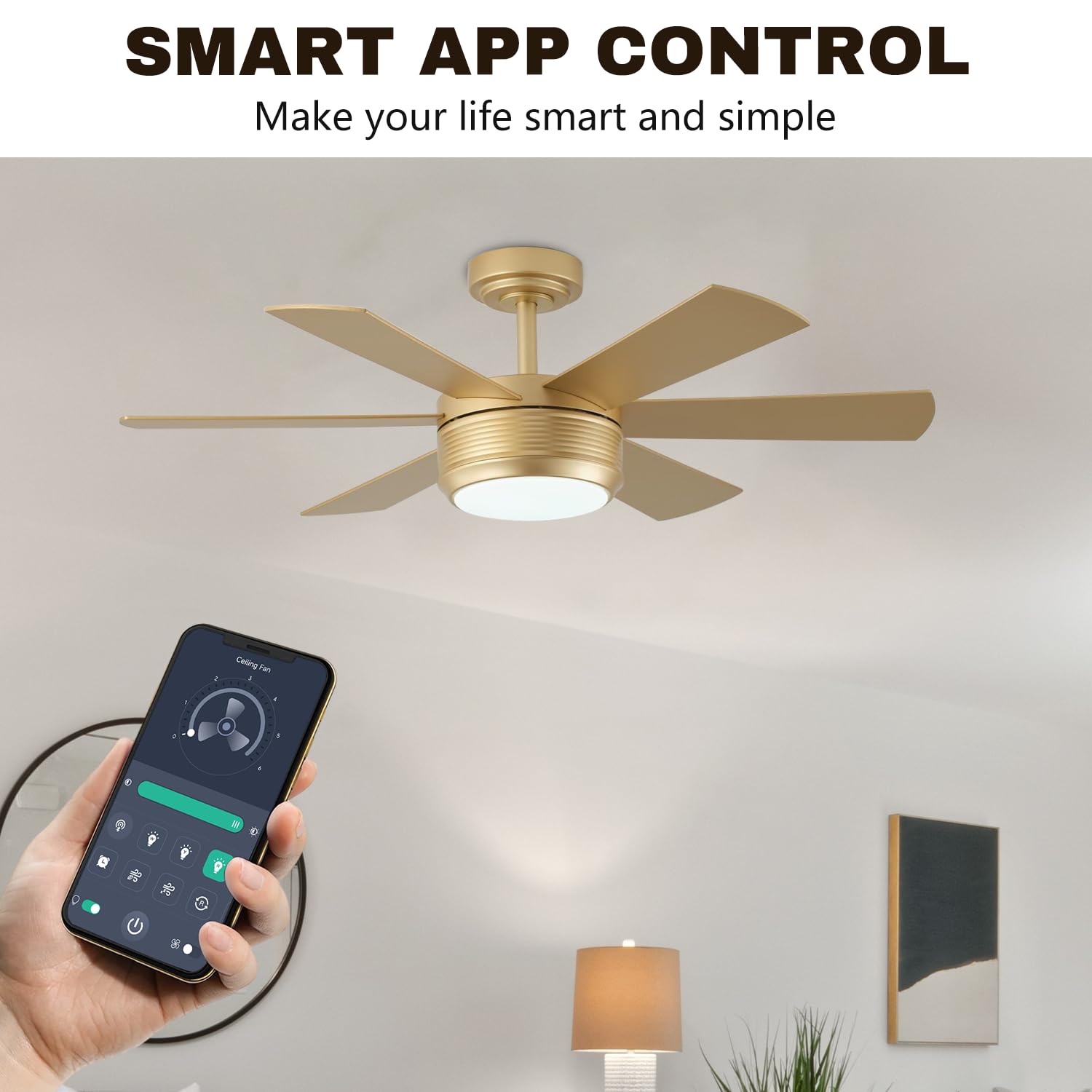 Showdi outdoor wood ceiling fan with reversible motor in gold finish for all-season use.