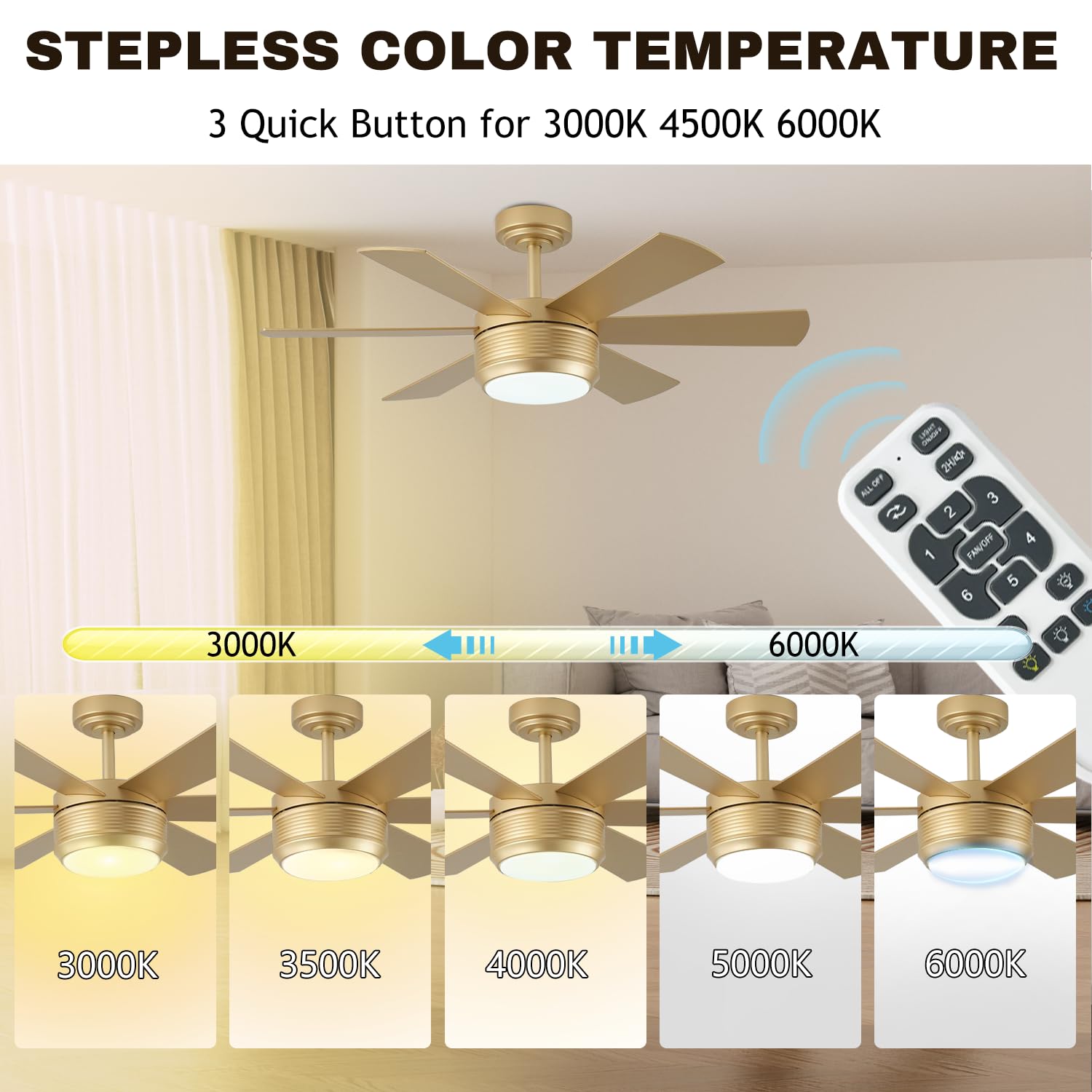 Showdi stepless brightness and color temperature from 3000K to 6000K.
