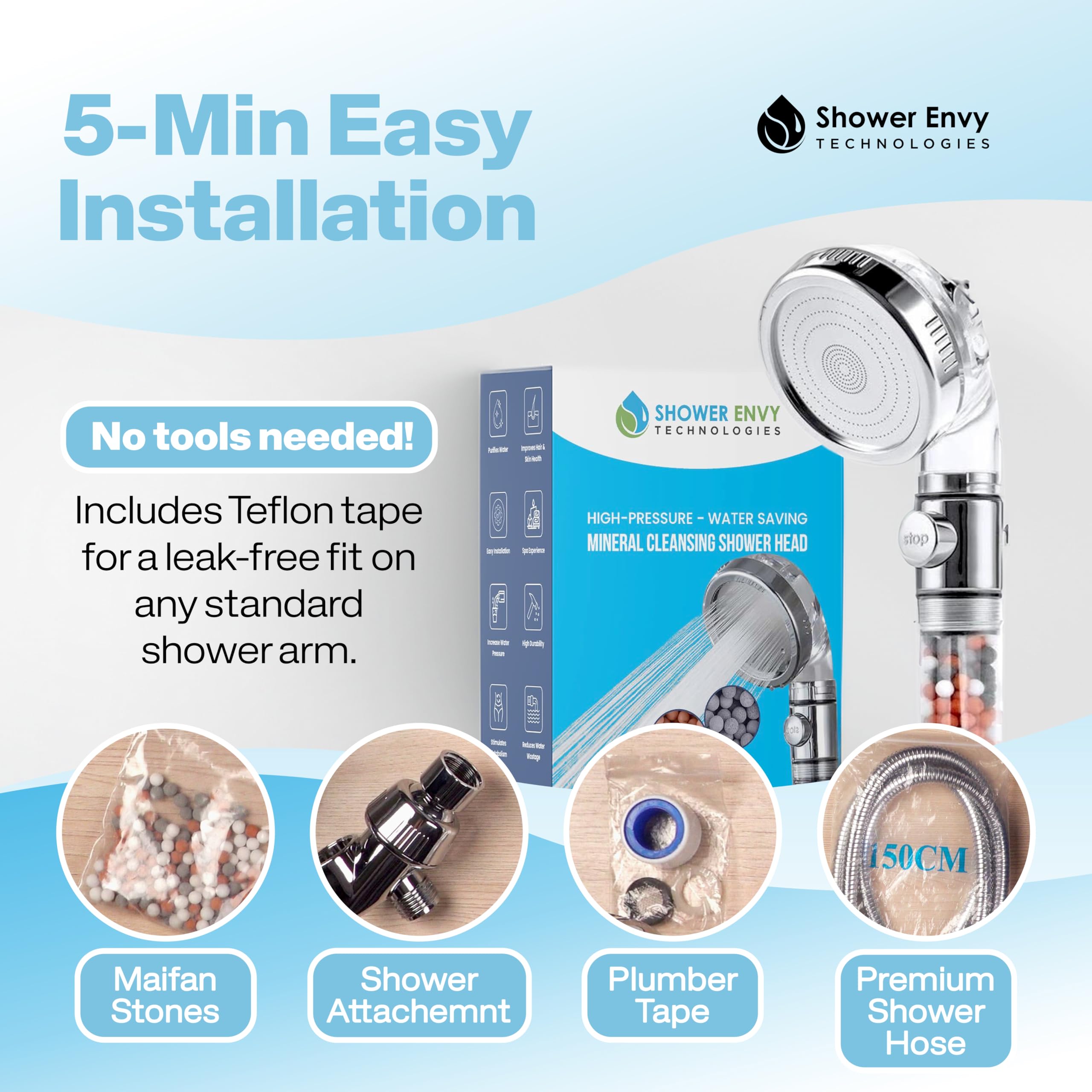 Showerenvy easy installation kit fits any standard shower arm.