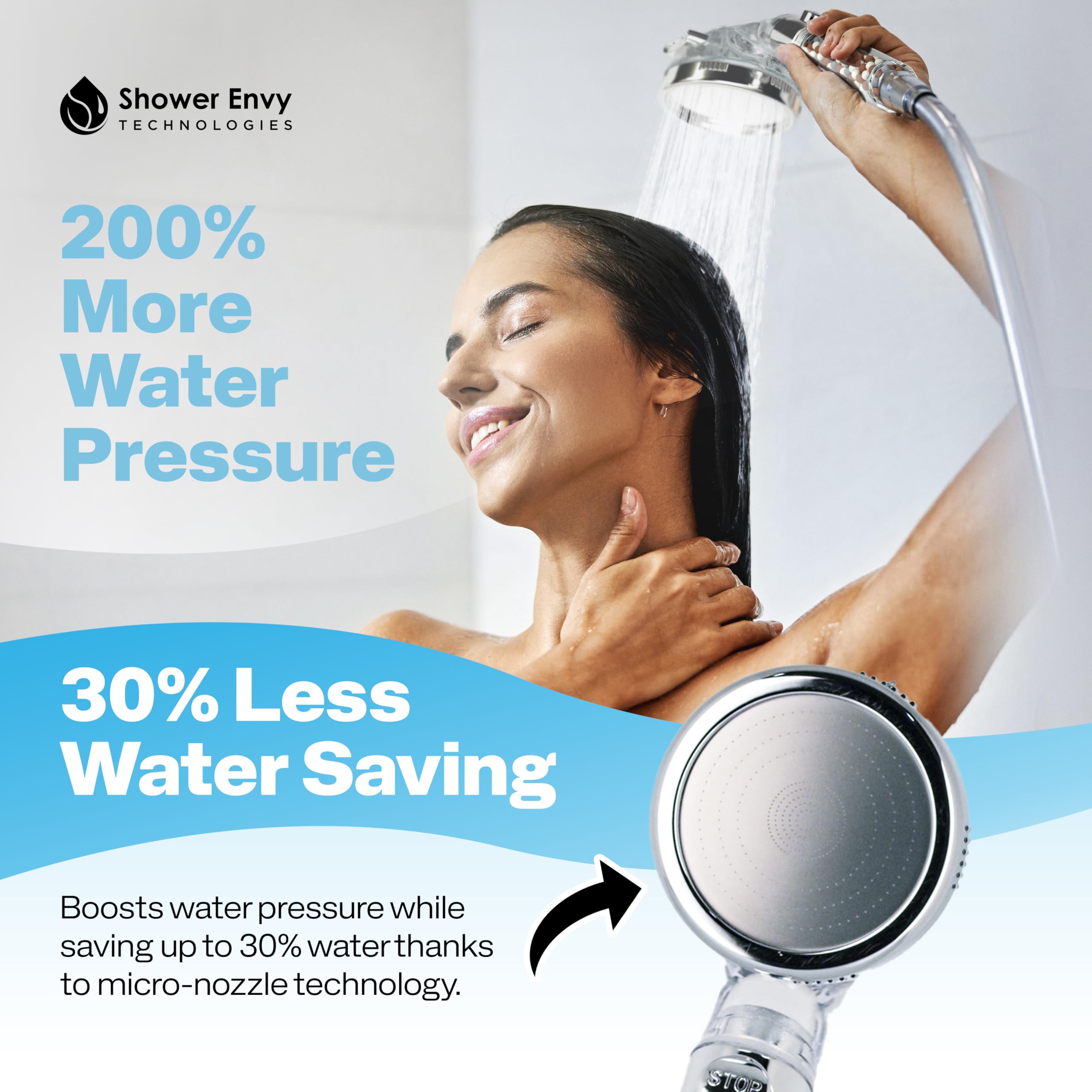 Showerenvy flow-pause lever enables quick water control.