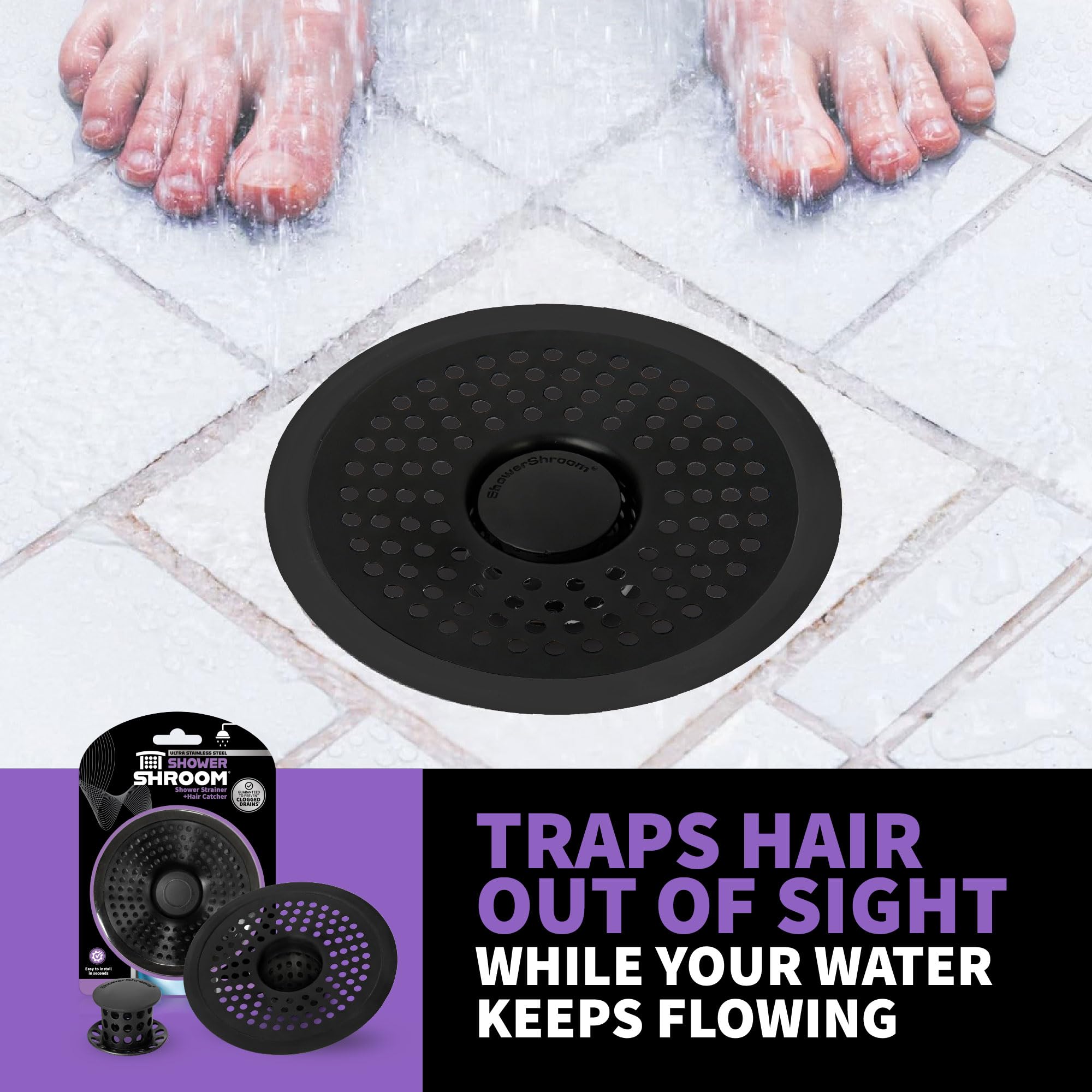 ShowerShroom durable stainless steel construction provides lasting drain protection.