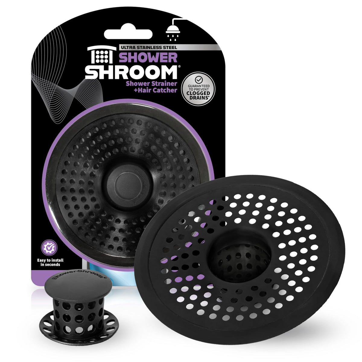 ShowerShroom Ultra Matte Black inside-drain insert captures hair to prevent clogs.