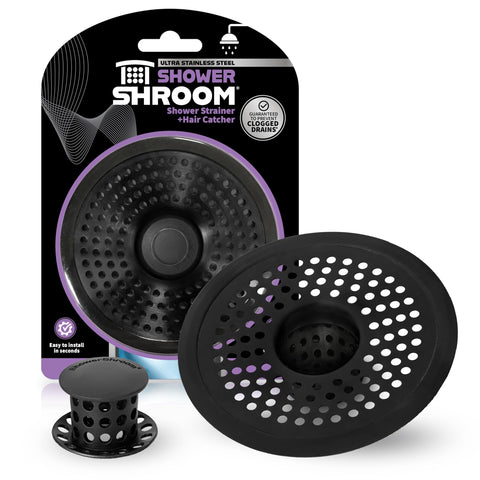 ShowerShroom Ultra Matte Black inside-drain insert captures hair to prevent clogs.