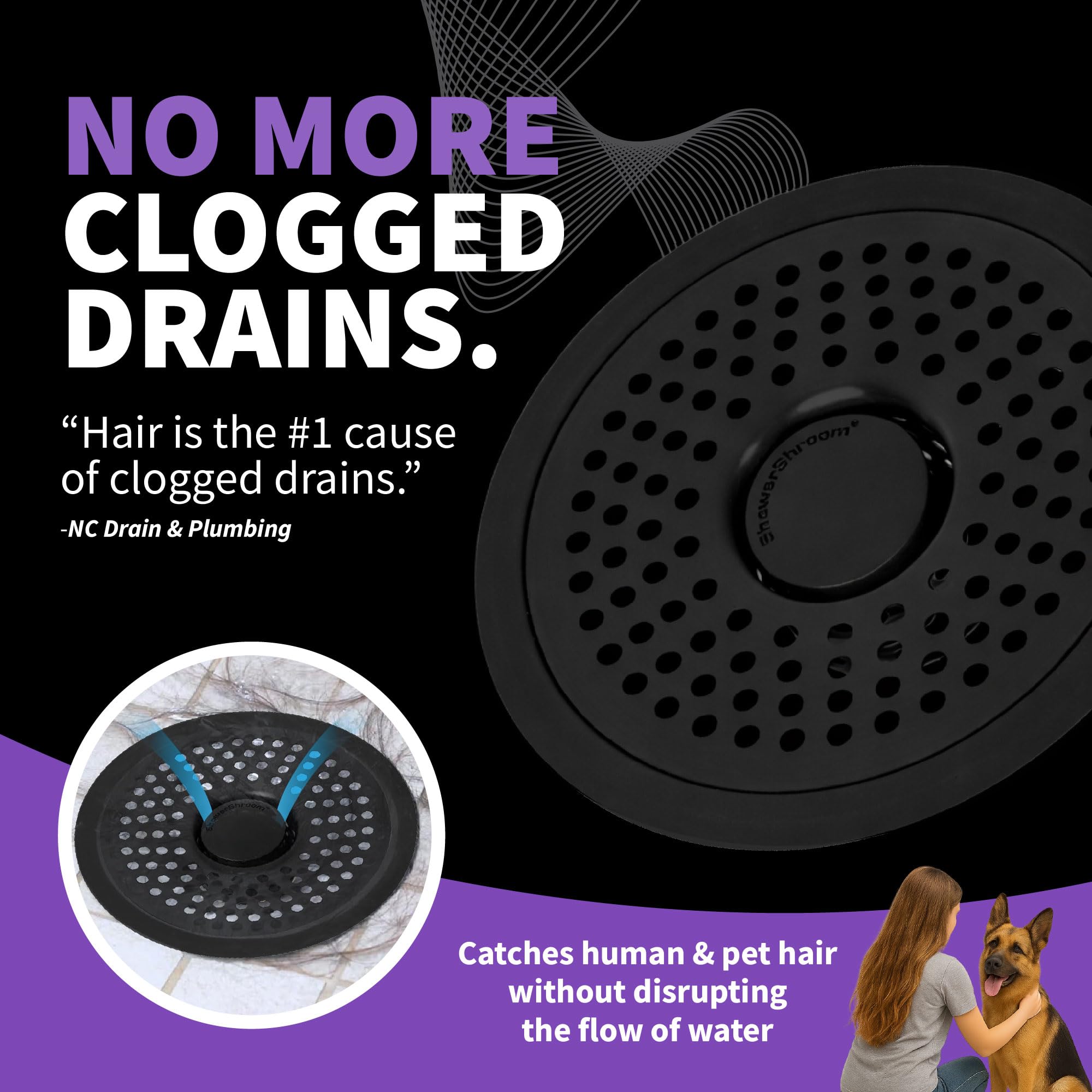 ShowerShroom universal-fit insert replaces the drain cover for easy upgrade.