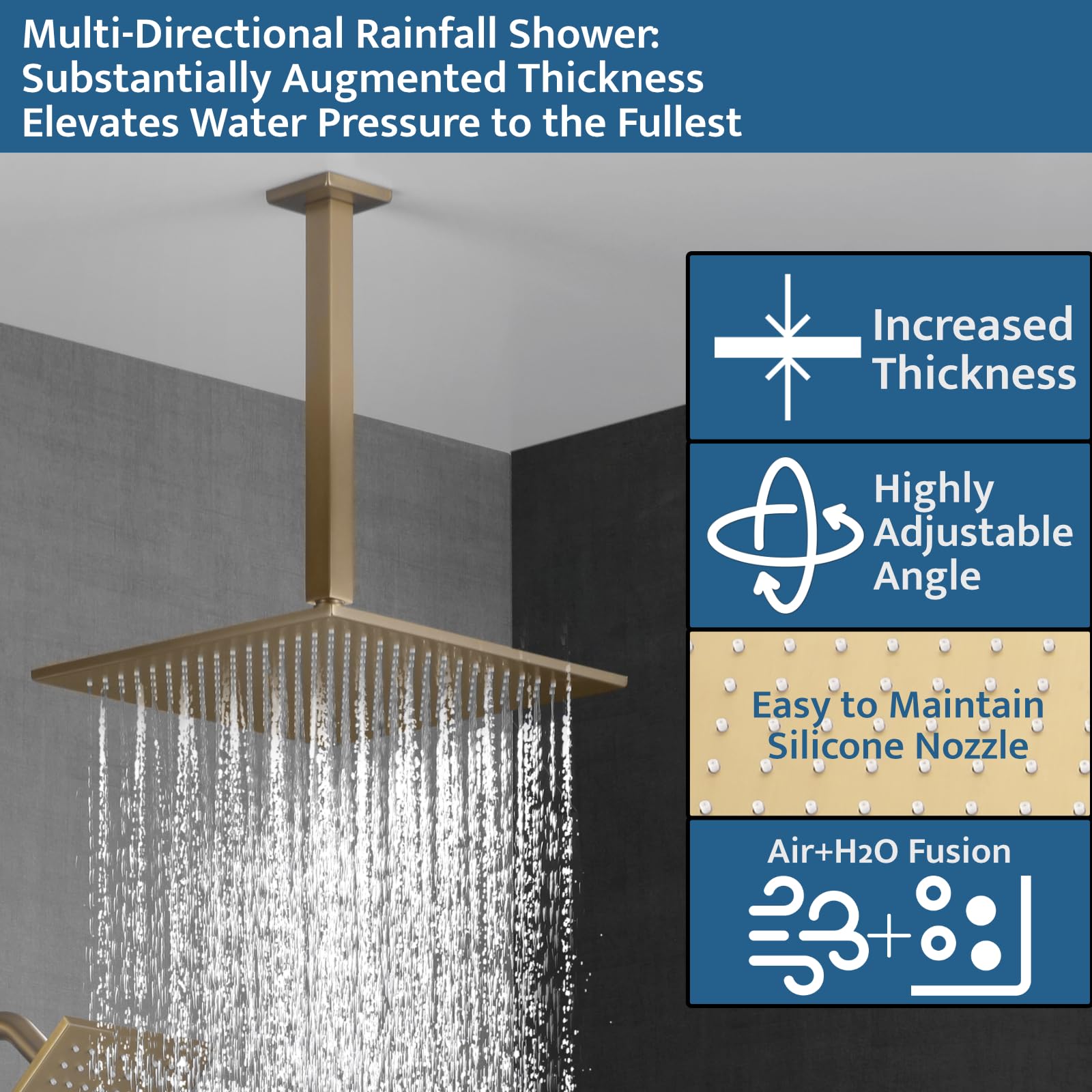 SHOYELA brushed gold system with 6-inch wall head for wide coverage