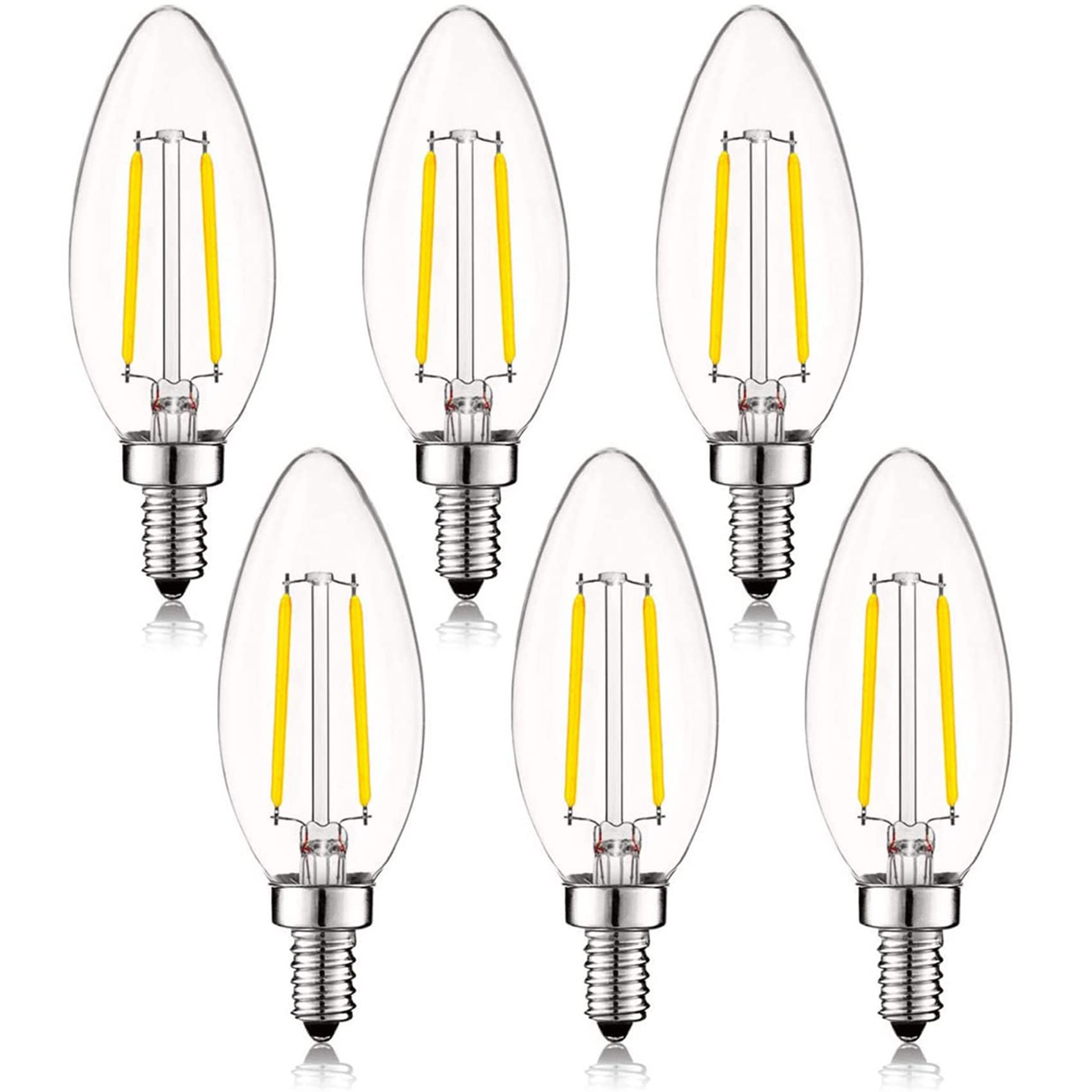 SHUWDKAR 2W LED candelabra with clear filament for vintage chandeliers.