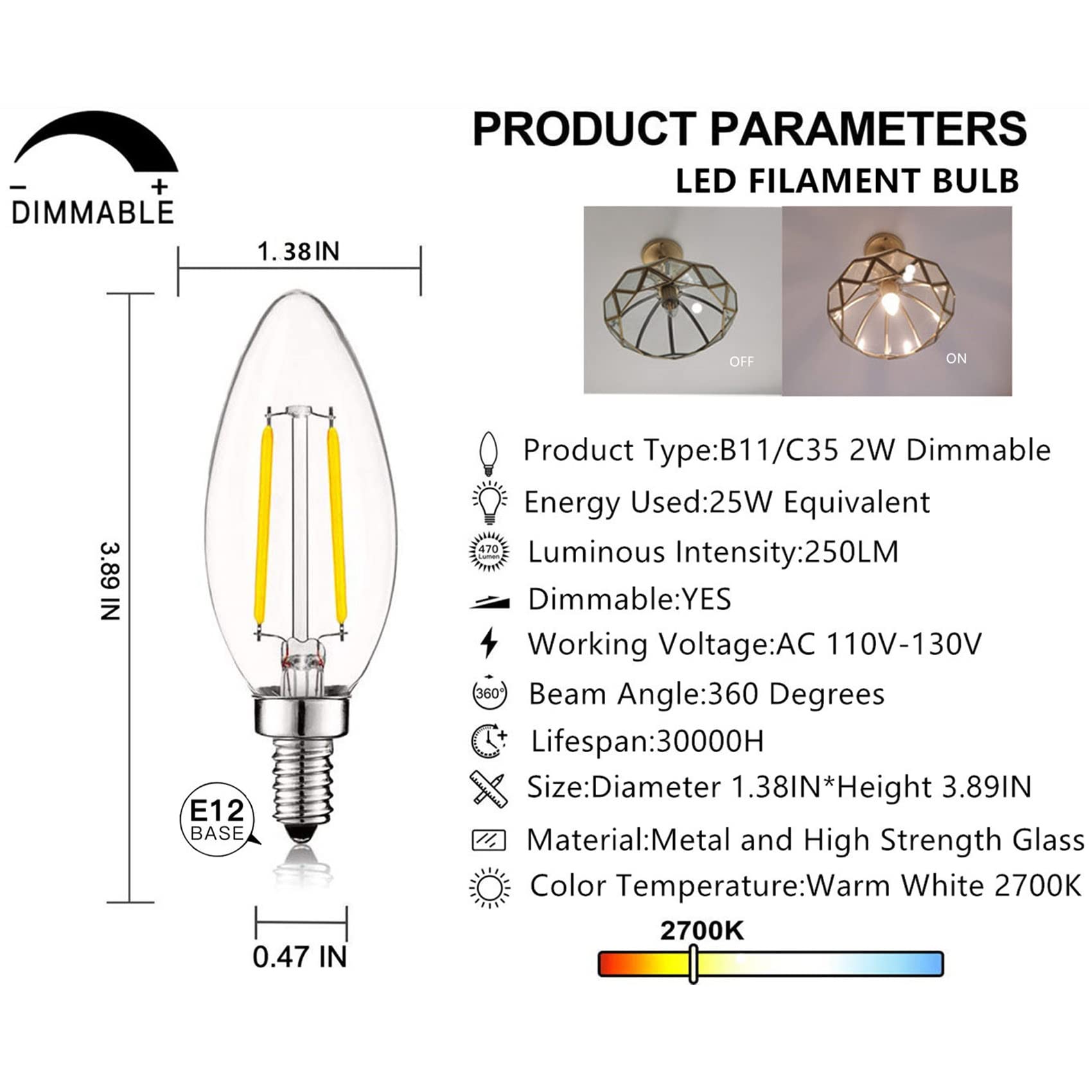 SHUWDKAR E12 base enables easy installation in chandeliers and sconces.
