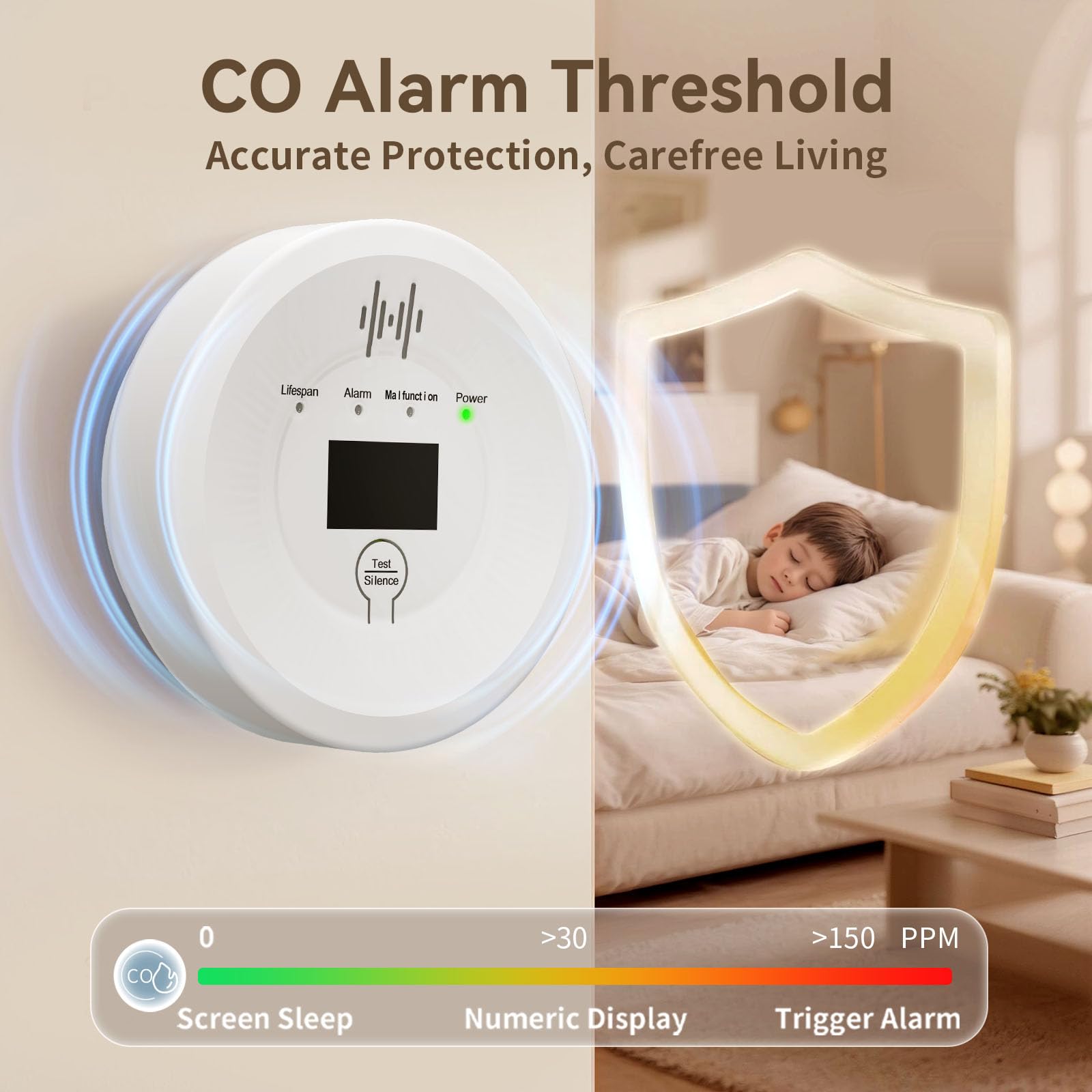 SHYEEH JA-997 90dB alarm alerts you to CO presence.