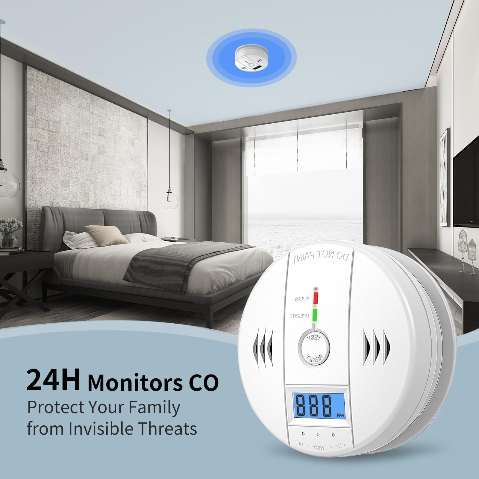 Shyeeh CO detector placed in kitchen or bedroom for safety