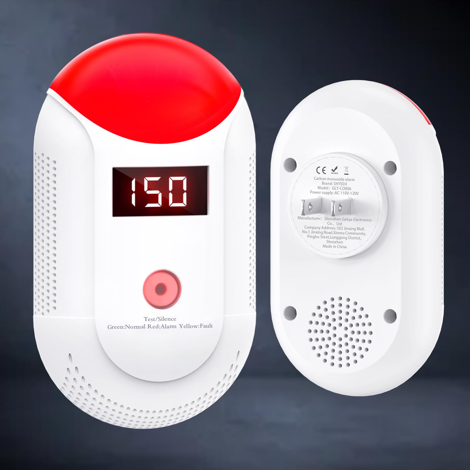 SHYEEH GLY-CO806 plug-in CO detector front view for safer rooms