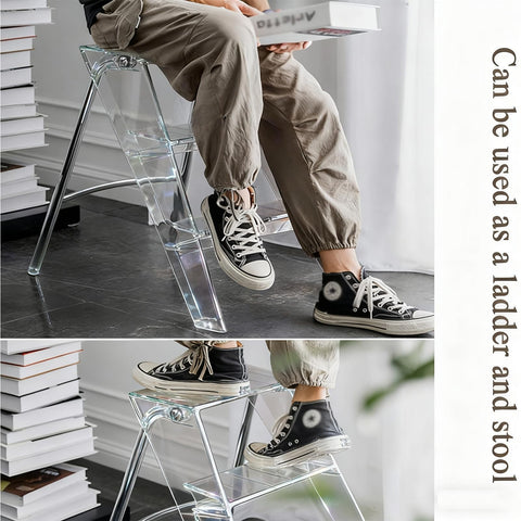 SHYM transparent acrylic ladder folded for compact storage.