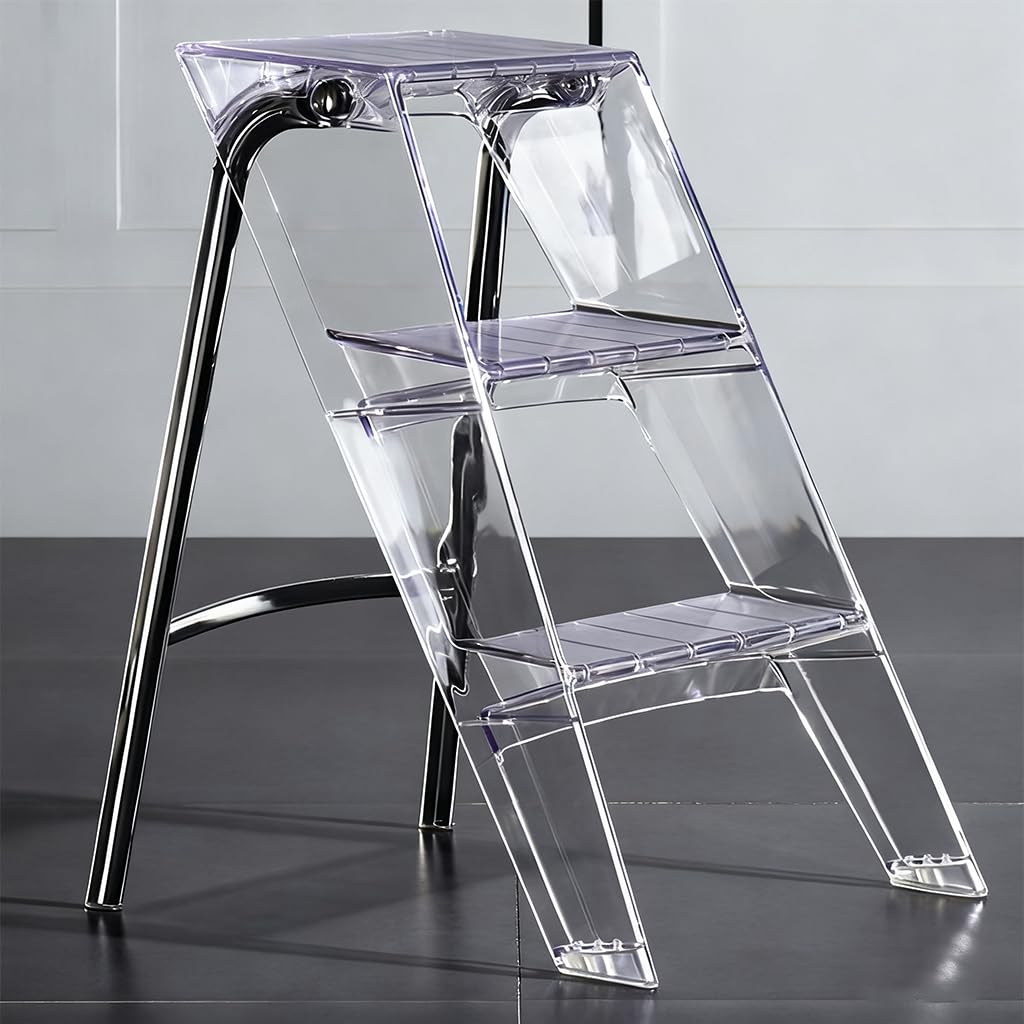 SHYM transparent acrylic 3-step ladder open for reaching shelves.