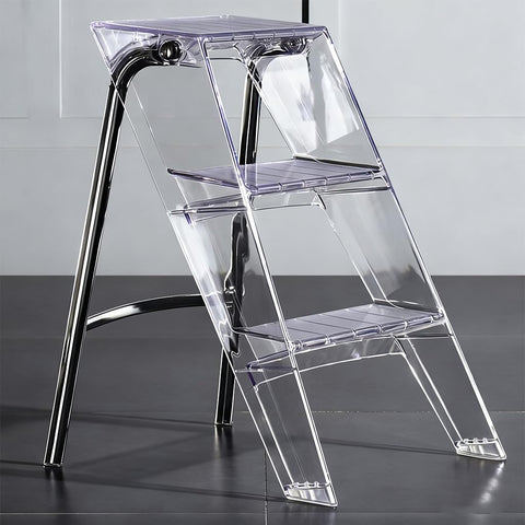 SHYM transparent acrylic 3-step ladder open for reaching shelves.