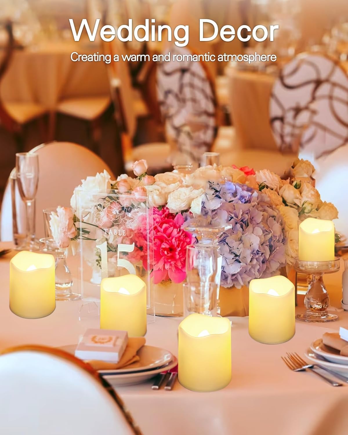 SHYMERY flameless votive candles arranged on a wedding table for elegant decor.
