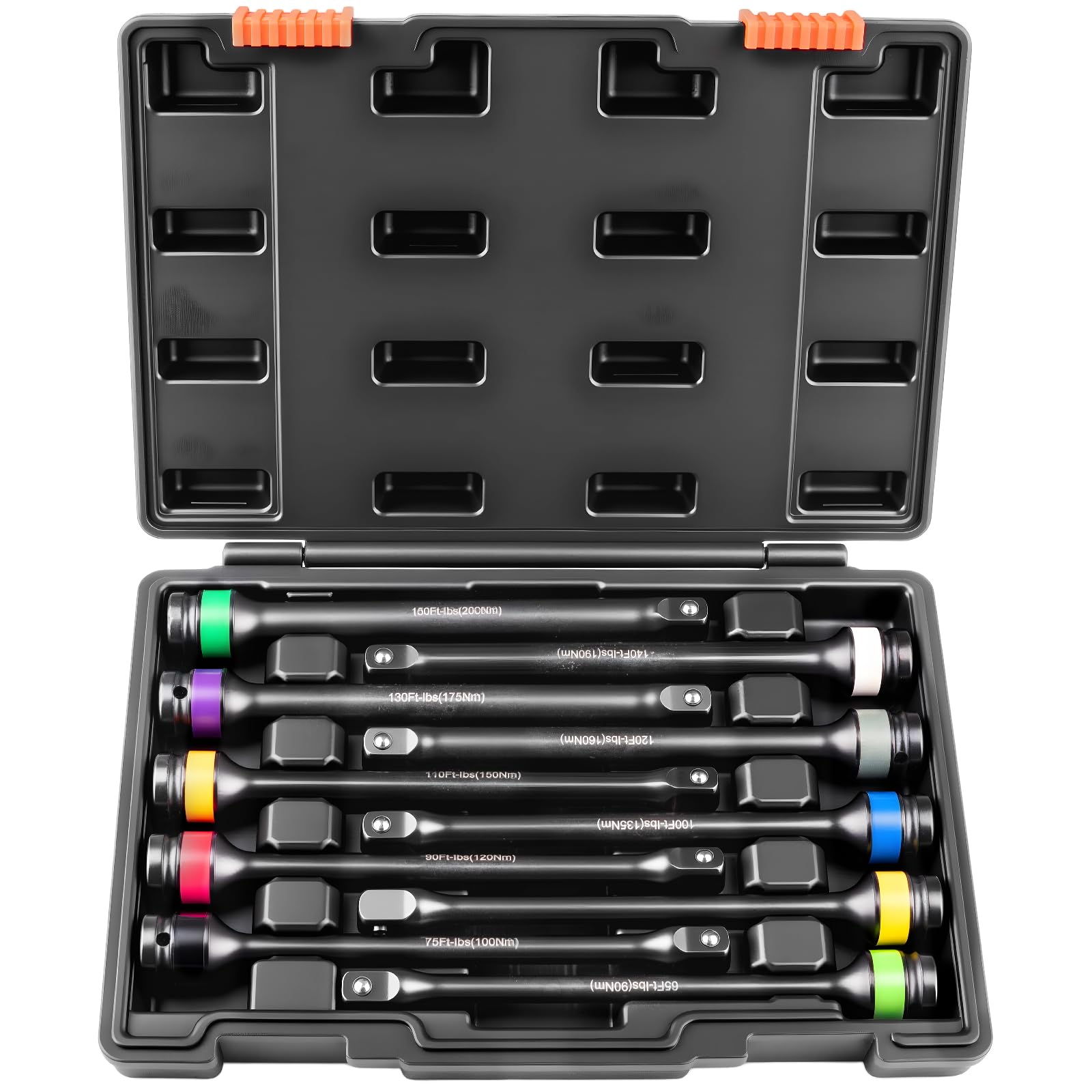 Siapupy torque-limiting extension bar kit showing color-coded torque sticks for quick sizing