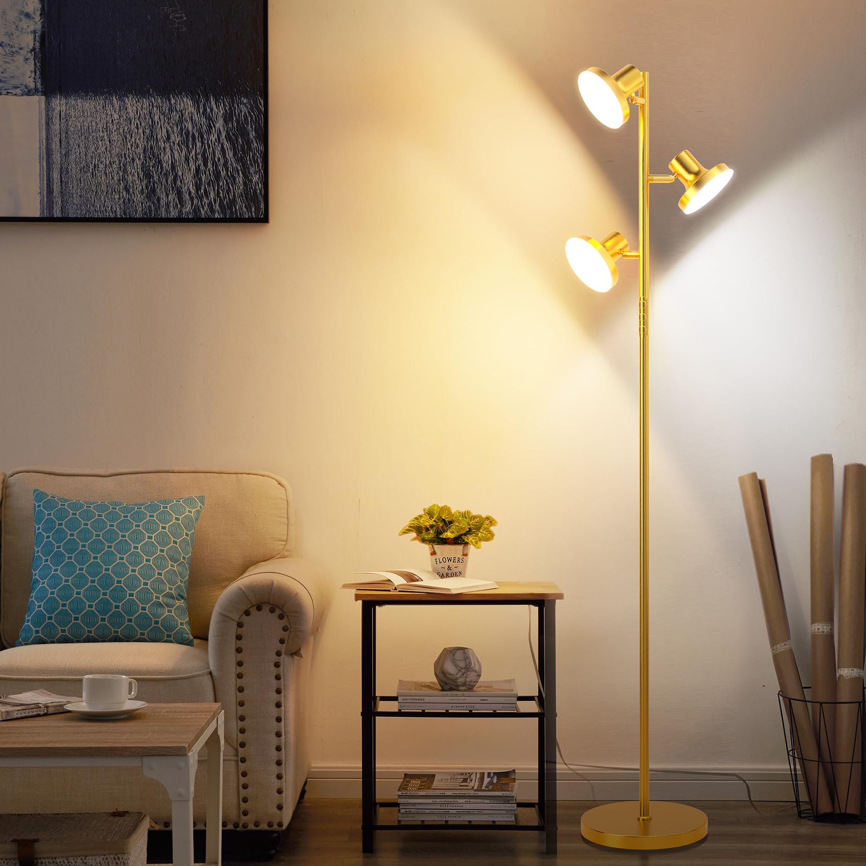 SIBRILLE LED tree floor lamp showing dimmable brightness for cozy living room lighting.