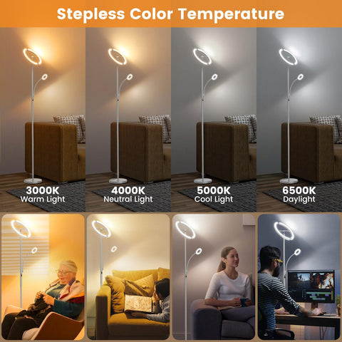 SIBRILLE lamp head rotates 350 degrees for uplight or downlight.