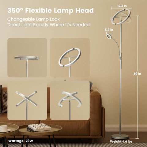 SIBRILLE reading light angled for focused tasks on the sofa.