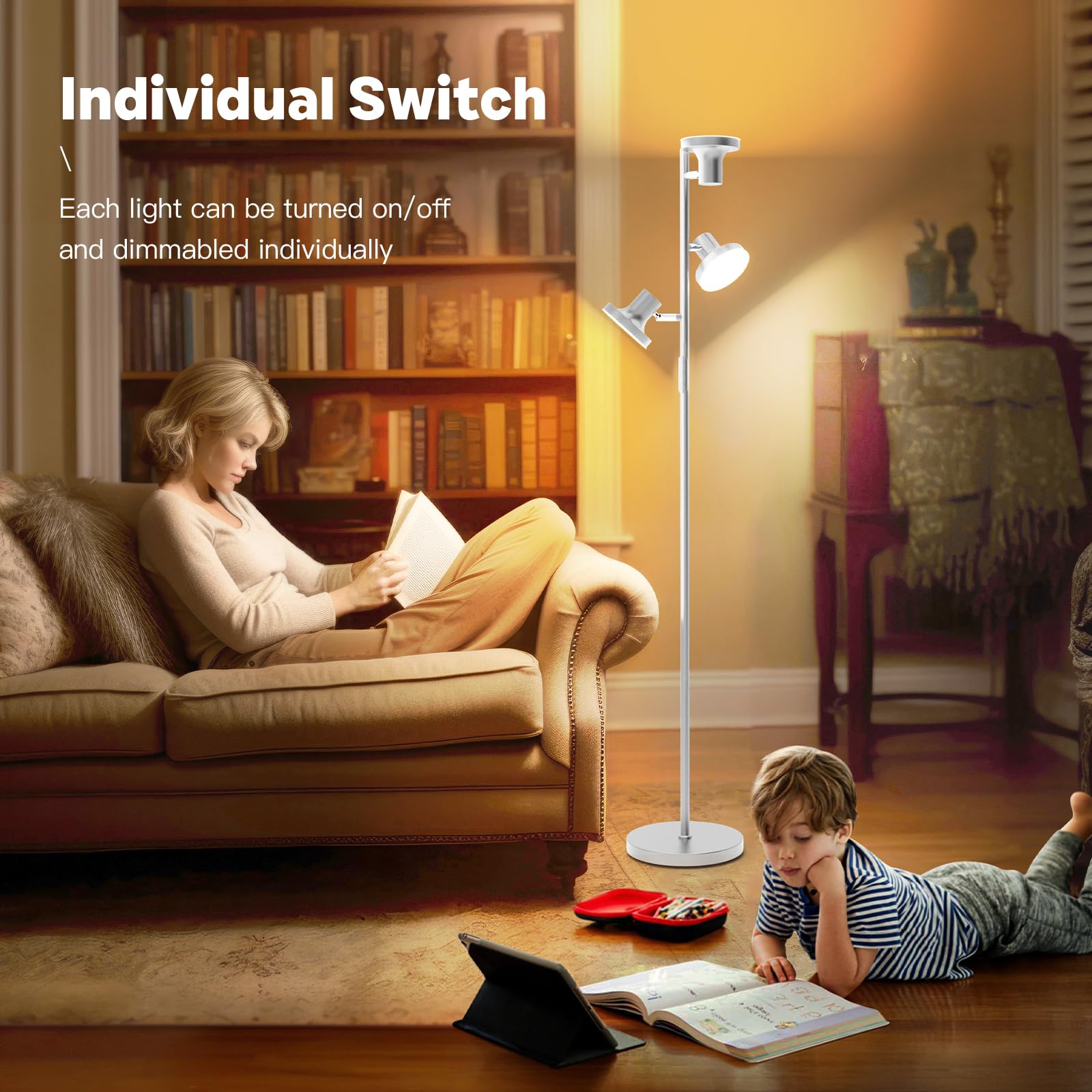 Sibrille tree lamp showing four color temperatures for different moods and tasks.