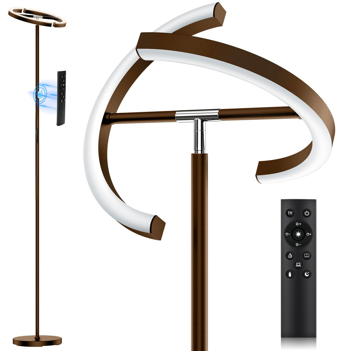 SIBRILLE brown floor lamp with base under sofa illustrating space-saving design for living rooms