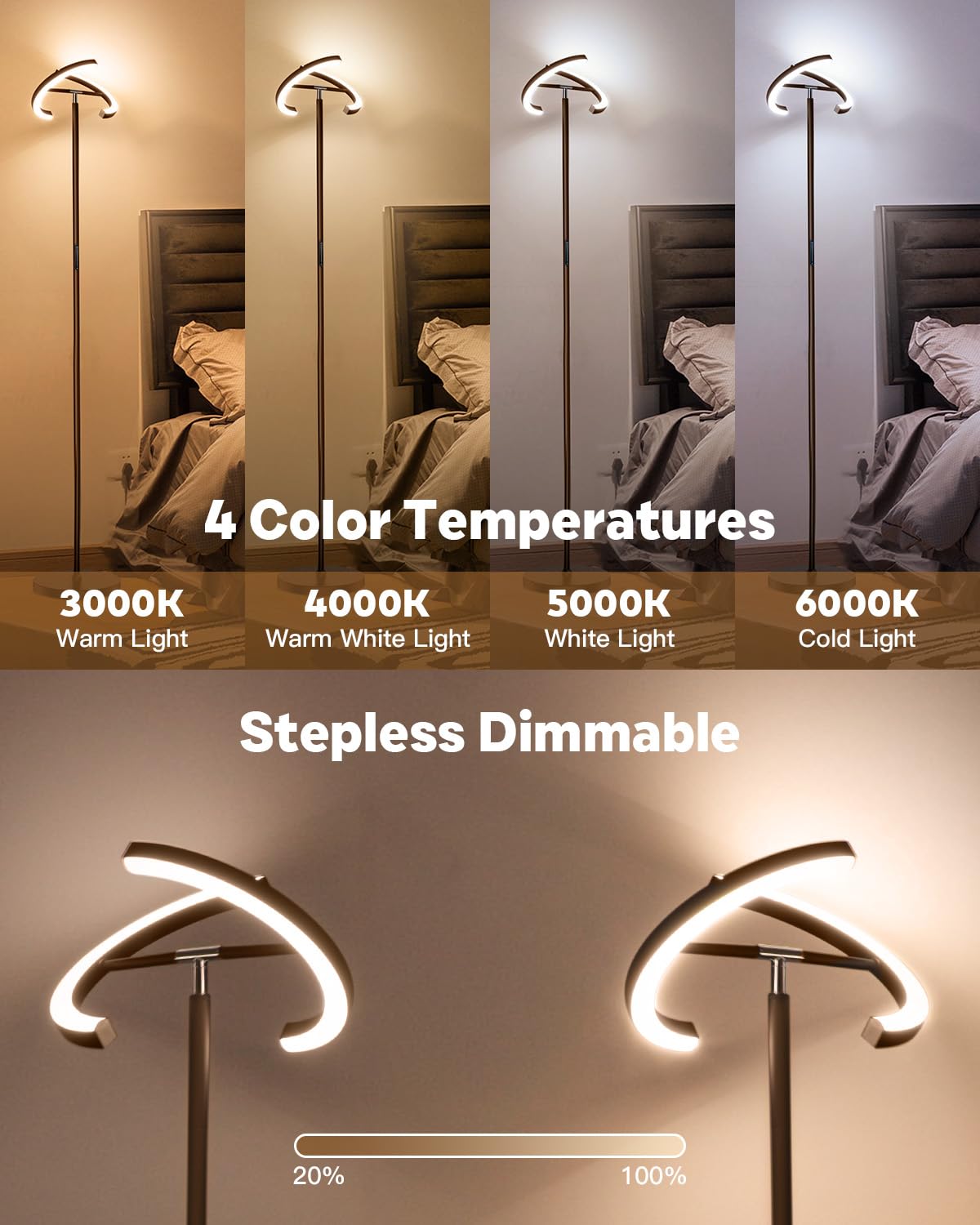 SIBRILLE floor lamp showing stepless dimming from 5% to 100% for ambience