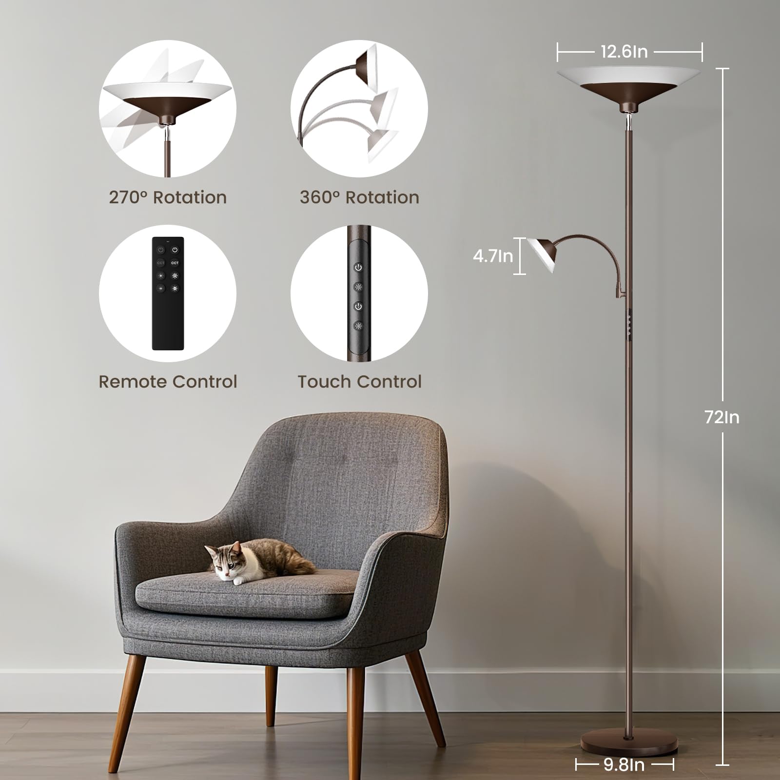 Sibrille brown torchiere lamp head tilt shows flexible uplight and downlight options.