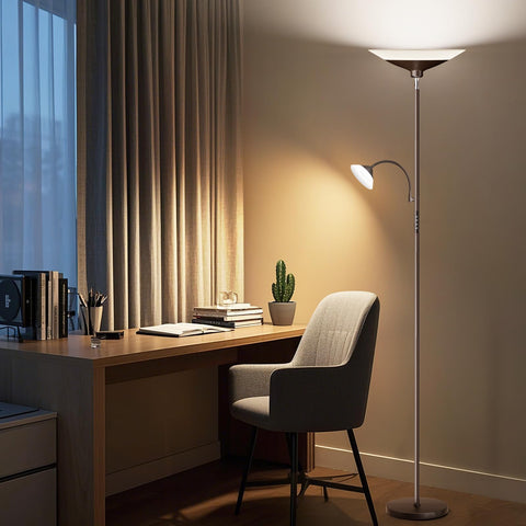 Sibrille living room setup with warm ambient illumination from the torchiere.