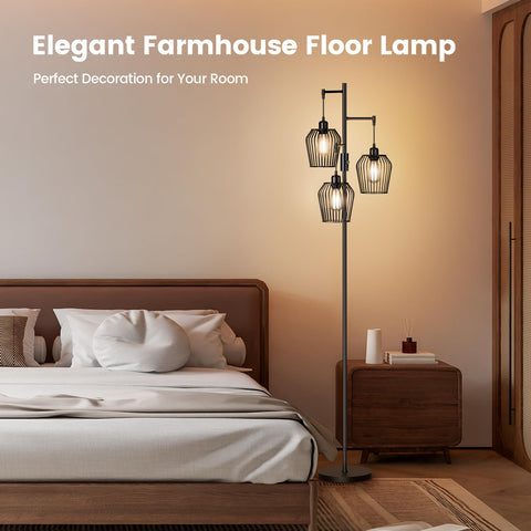SIBRILLE black floor lamp with a sturdy pole complements farmhouse and modern decor.