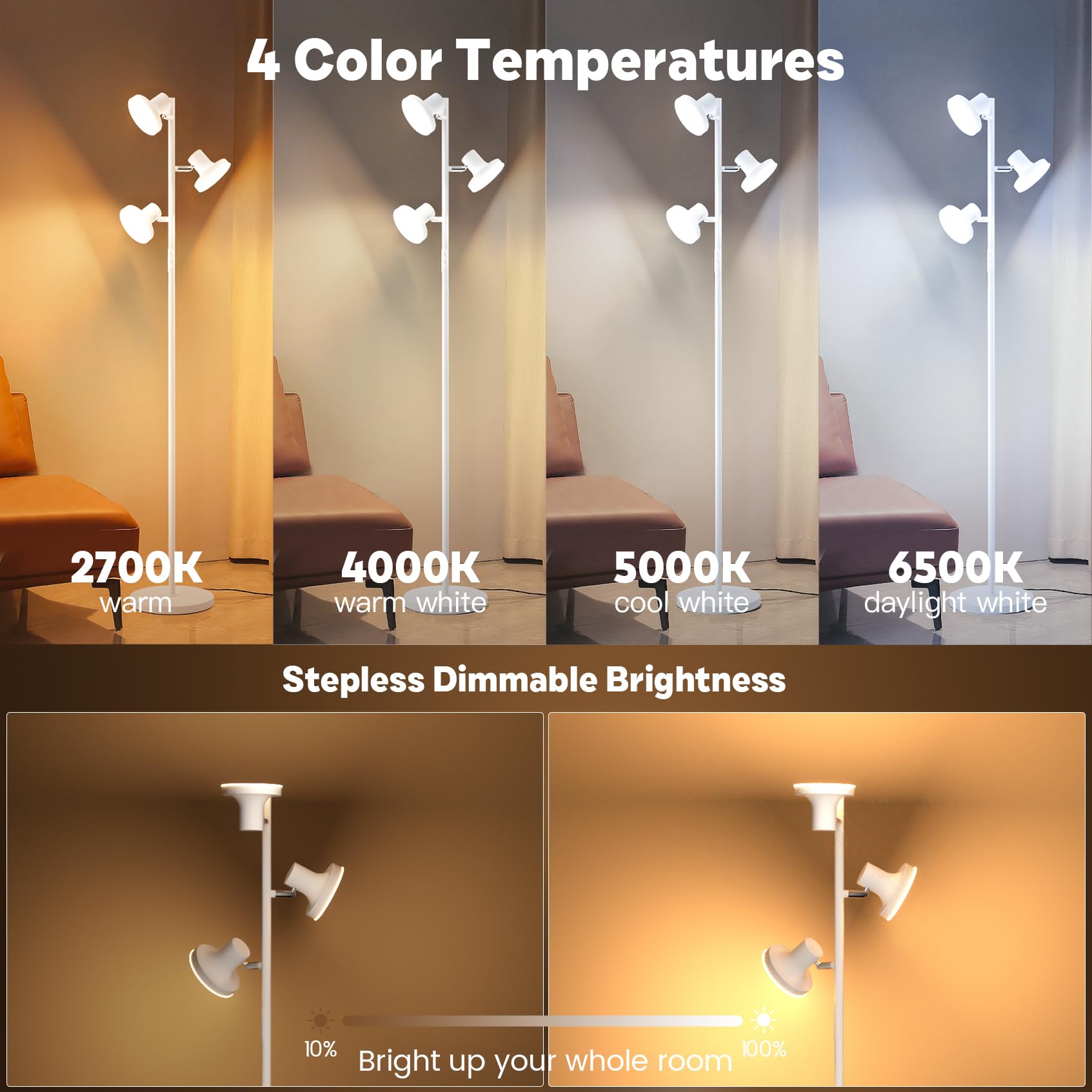 Sibrille floor lamp provides four color temperatures for ambience control.