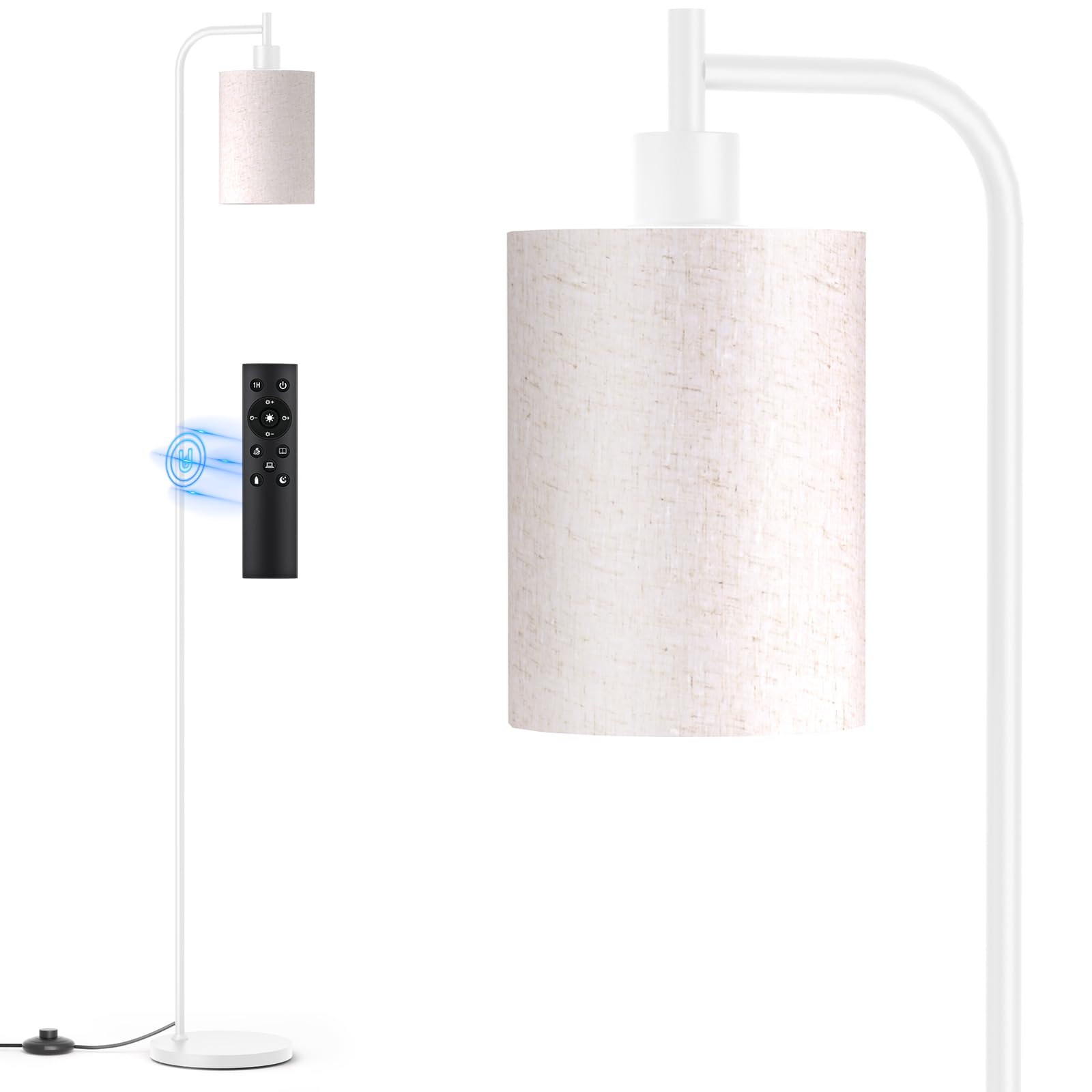 SIBRILLE floor lamp with linen shade and weighted base for stable placement.
