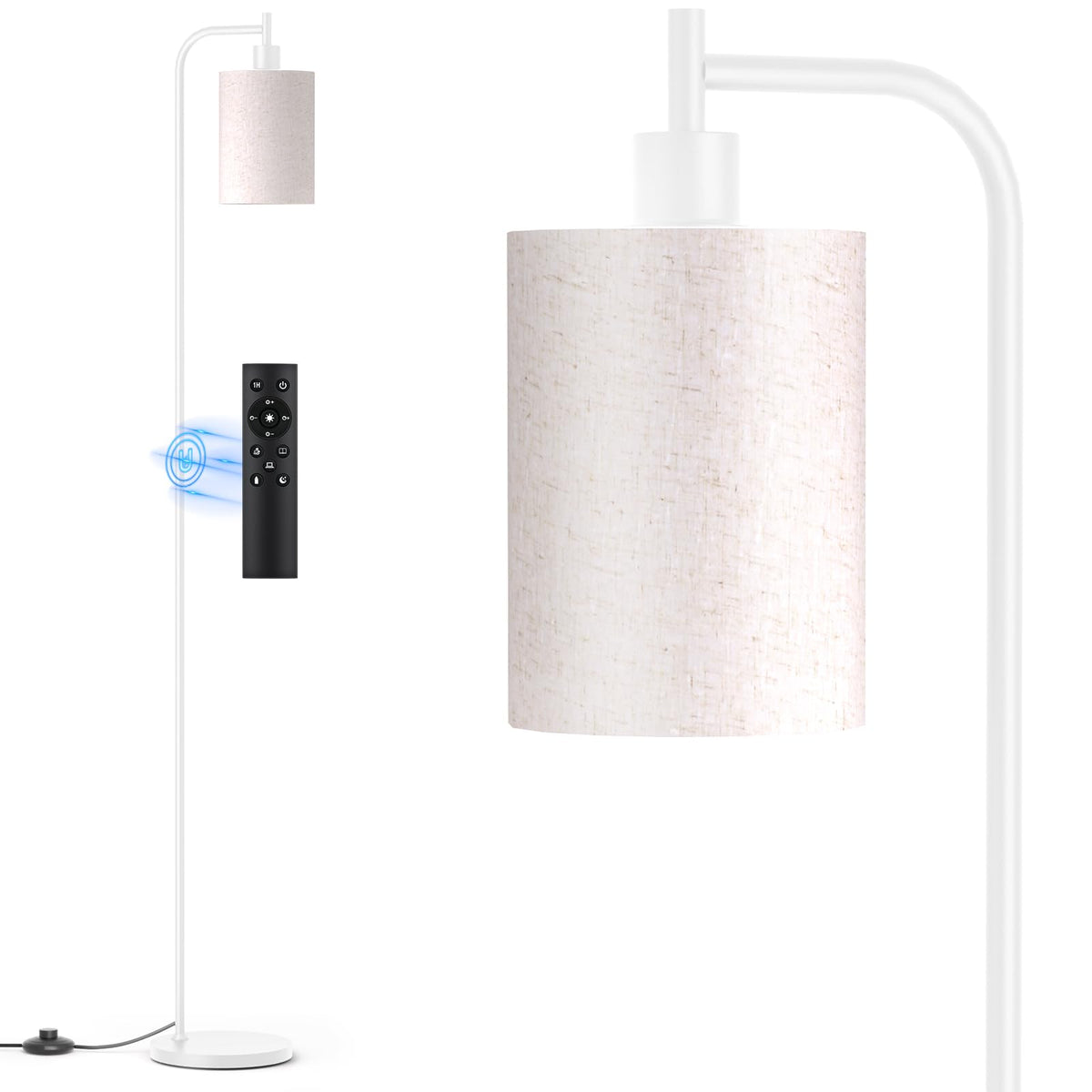 SIBRILLE floor lamp with linen shade and weighted base for stable placement.