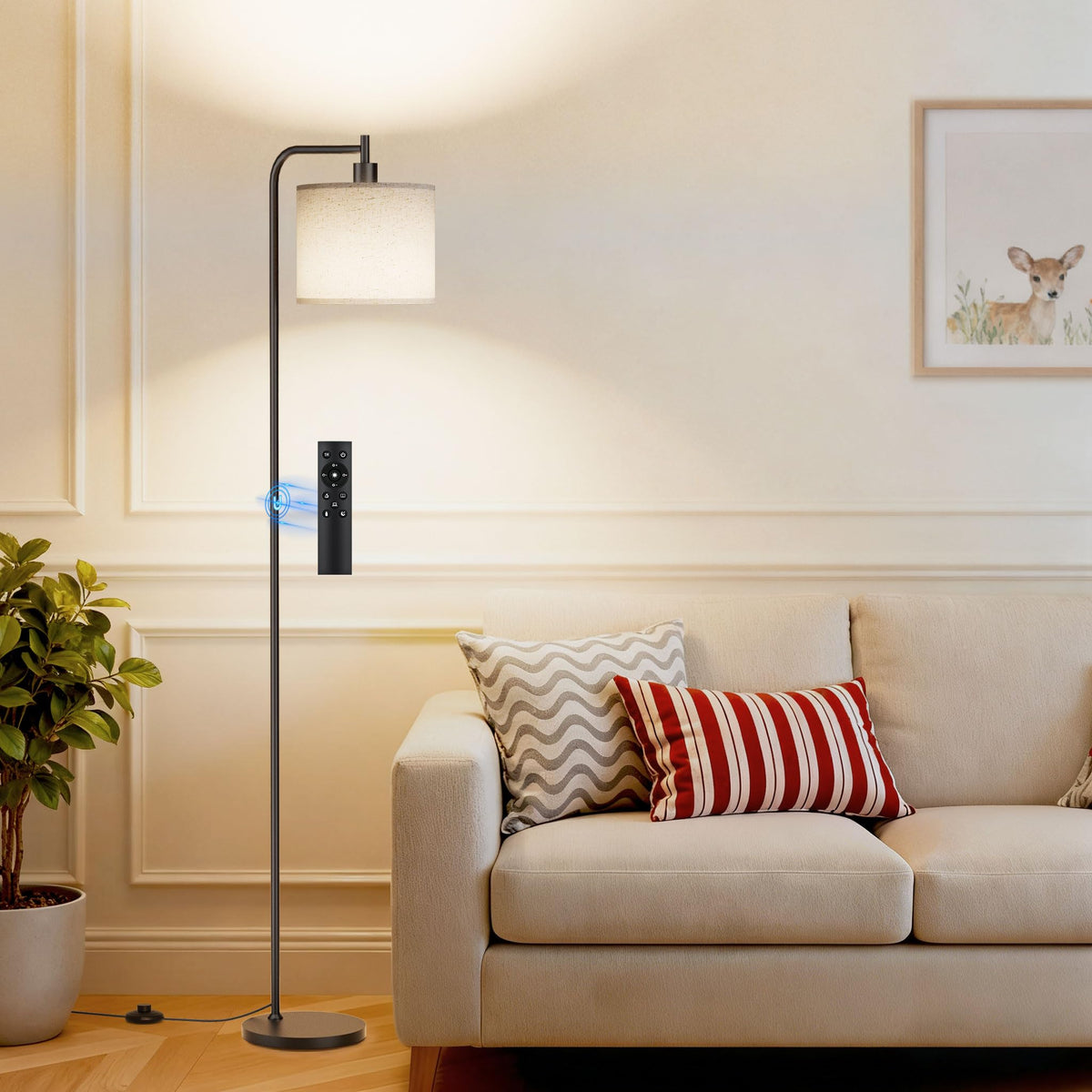 Sibrille floor lamp with linen shade, front view for ambient living room lighting