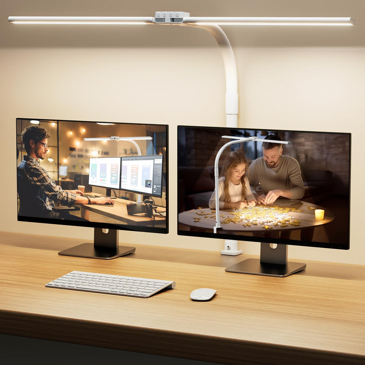 SIBRILLE LED desk lamp with clamp-base secures a space-saving home office setup.