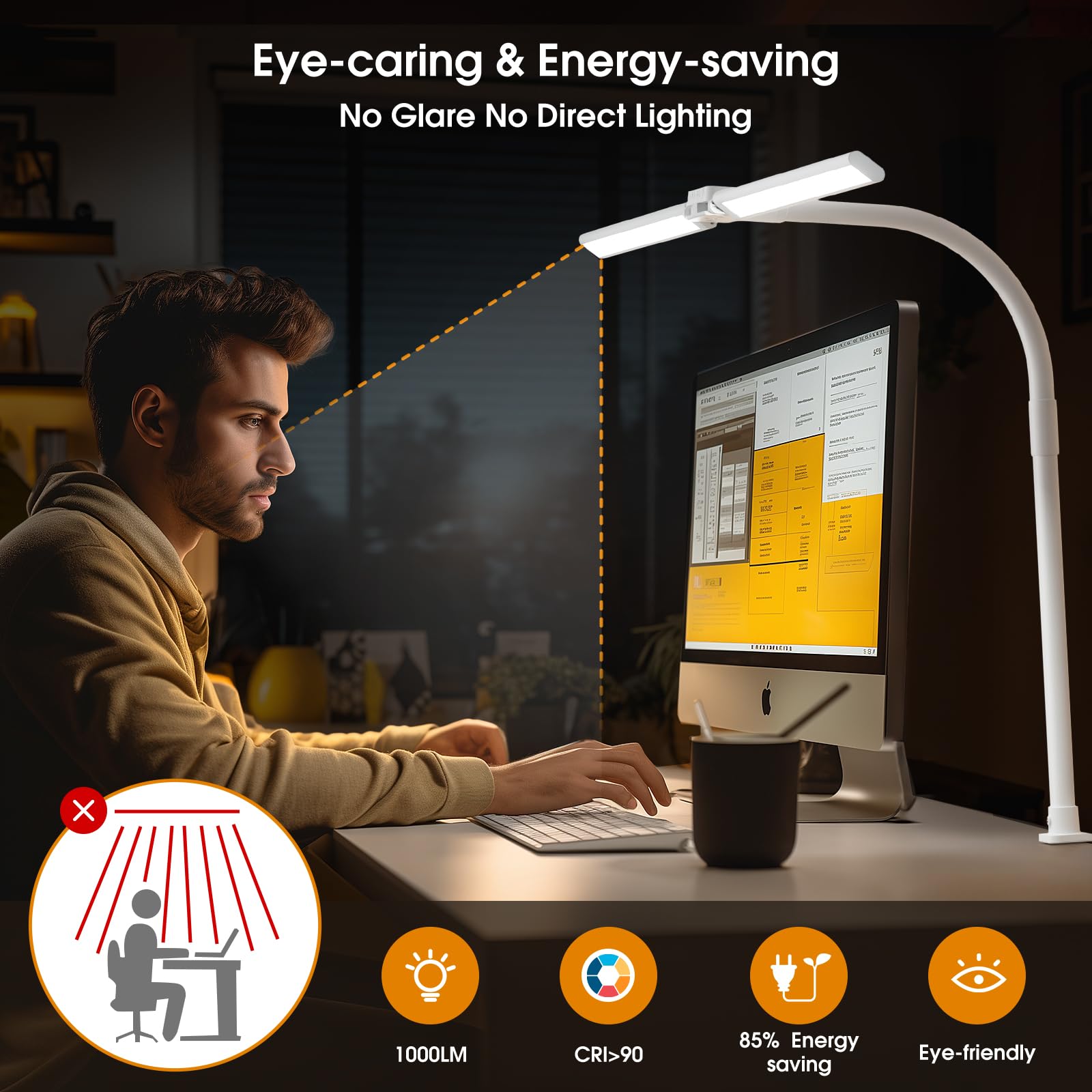 SIBRILLE frosted shade softens glare for comfortable extended work sessions.
