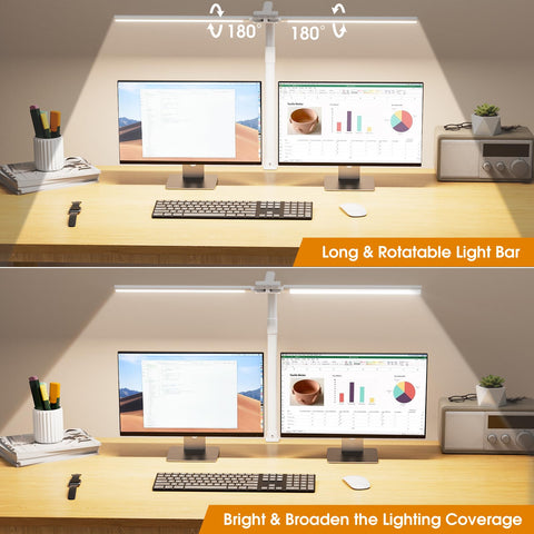 SIBRILLE two-head LED lamp delivers broad desk coverage for multiple tasks.