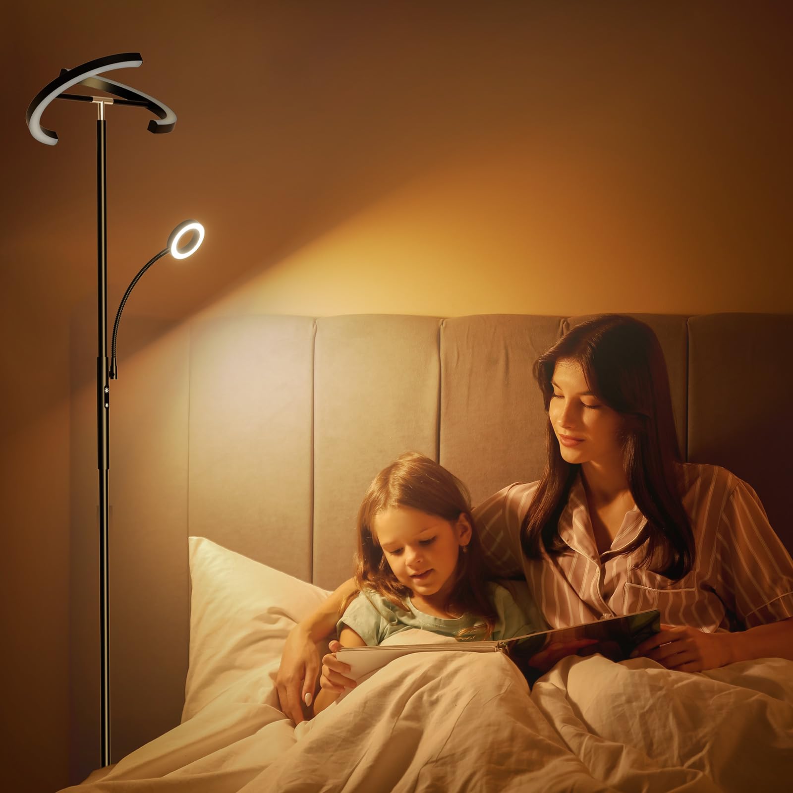 SIBRILLE LED floor lamp enhances bedside illumination in the bedroom