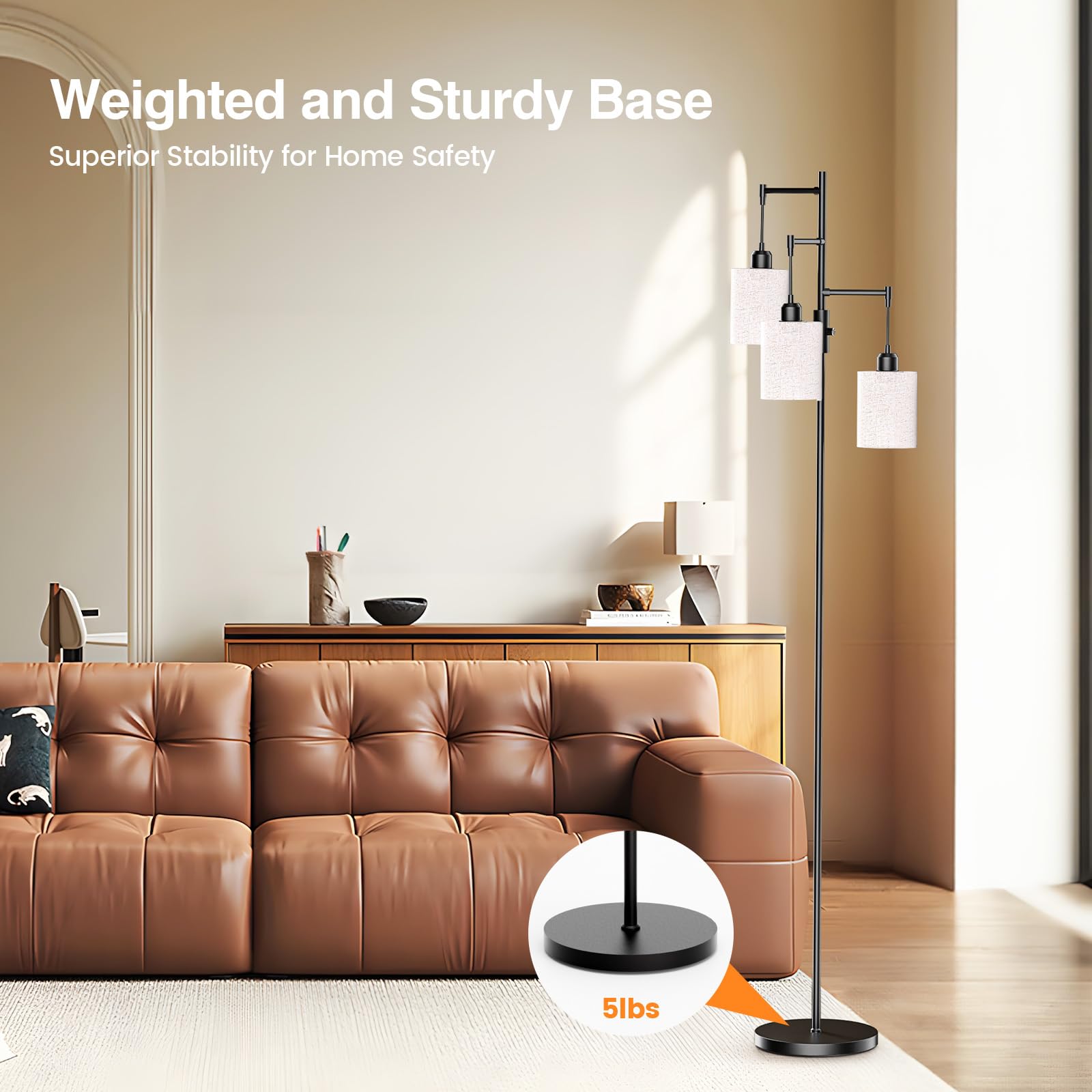 SIBRILLE living room setup features an industrial tree floor lamp.