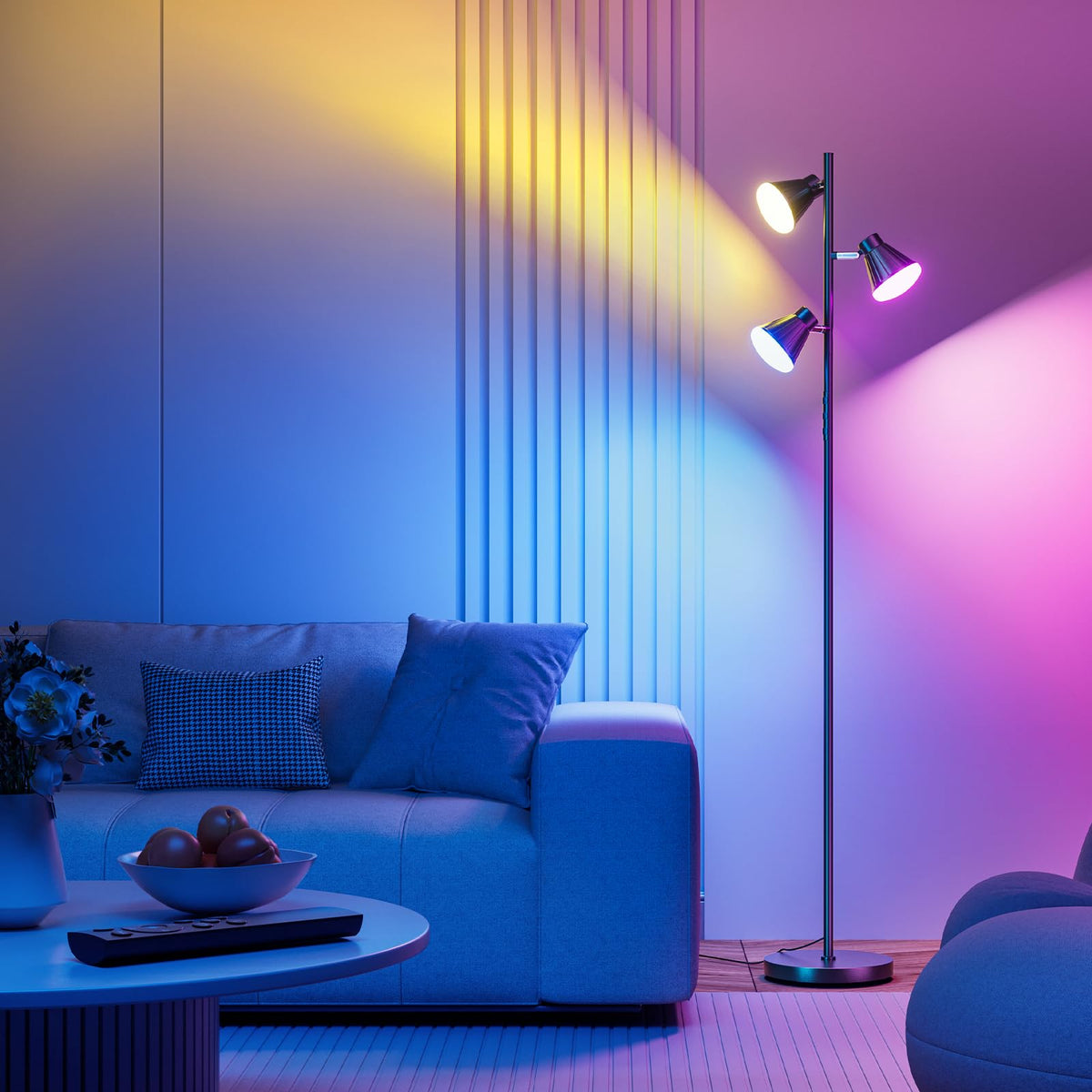 SIBRILLE RGB floor lamp with remote control for color and brightness adjustments.