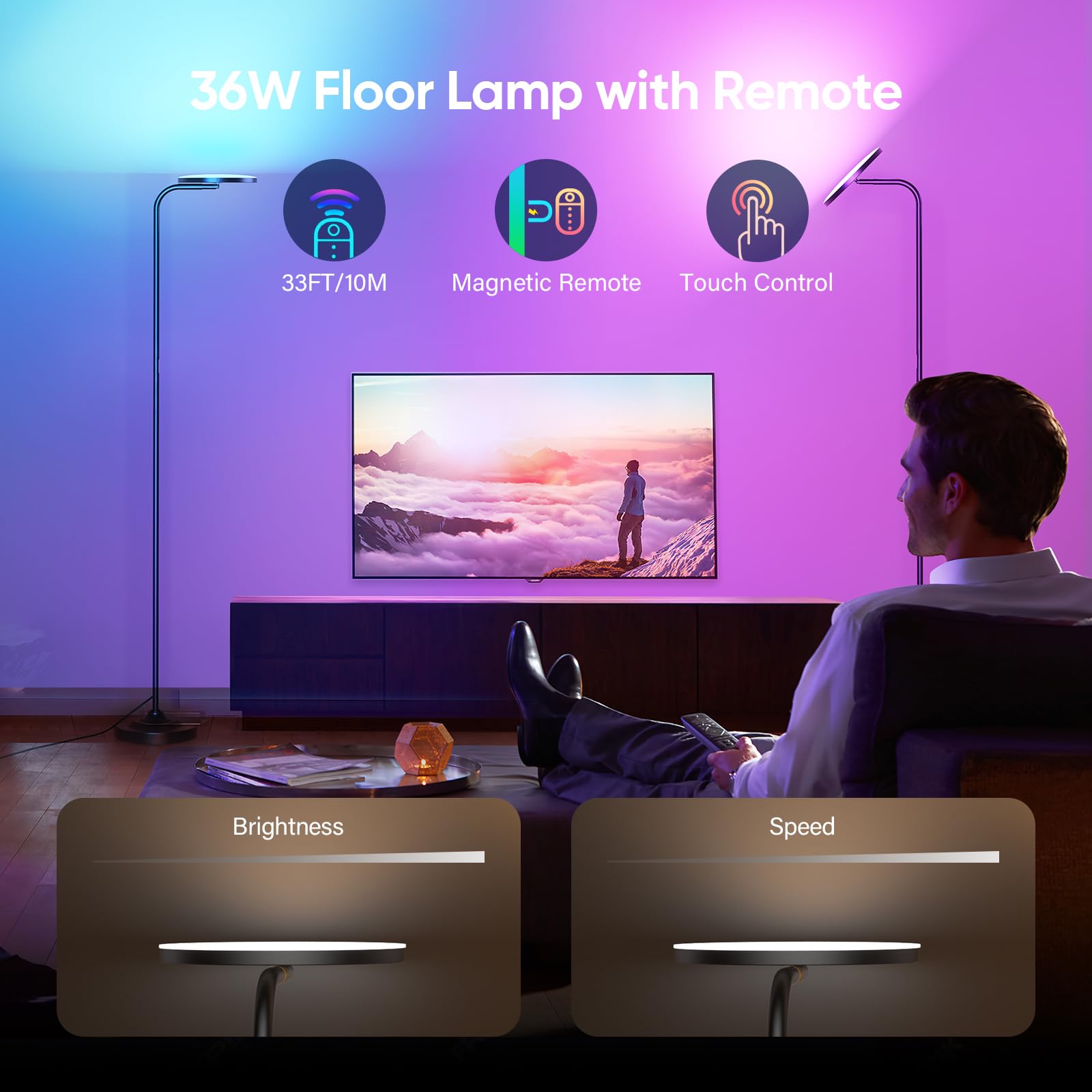 SIBRILLE RGB Floor Lamp remote-control enables quick color and brightness adjustments.