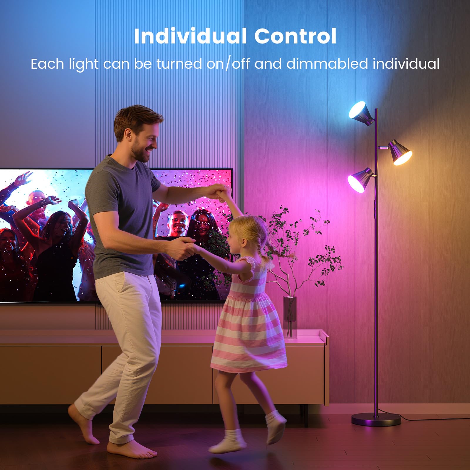 SIBRILLE RGB lamp with three independently adjustable heads for customized lighting.