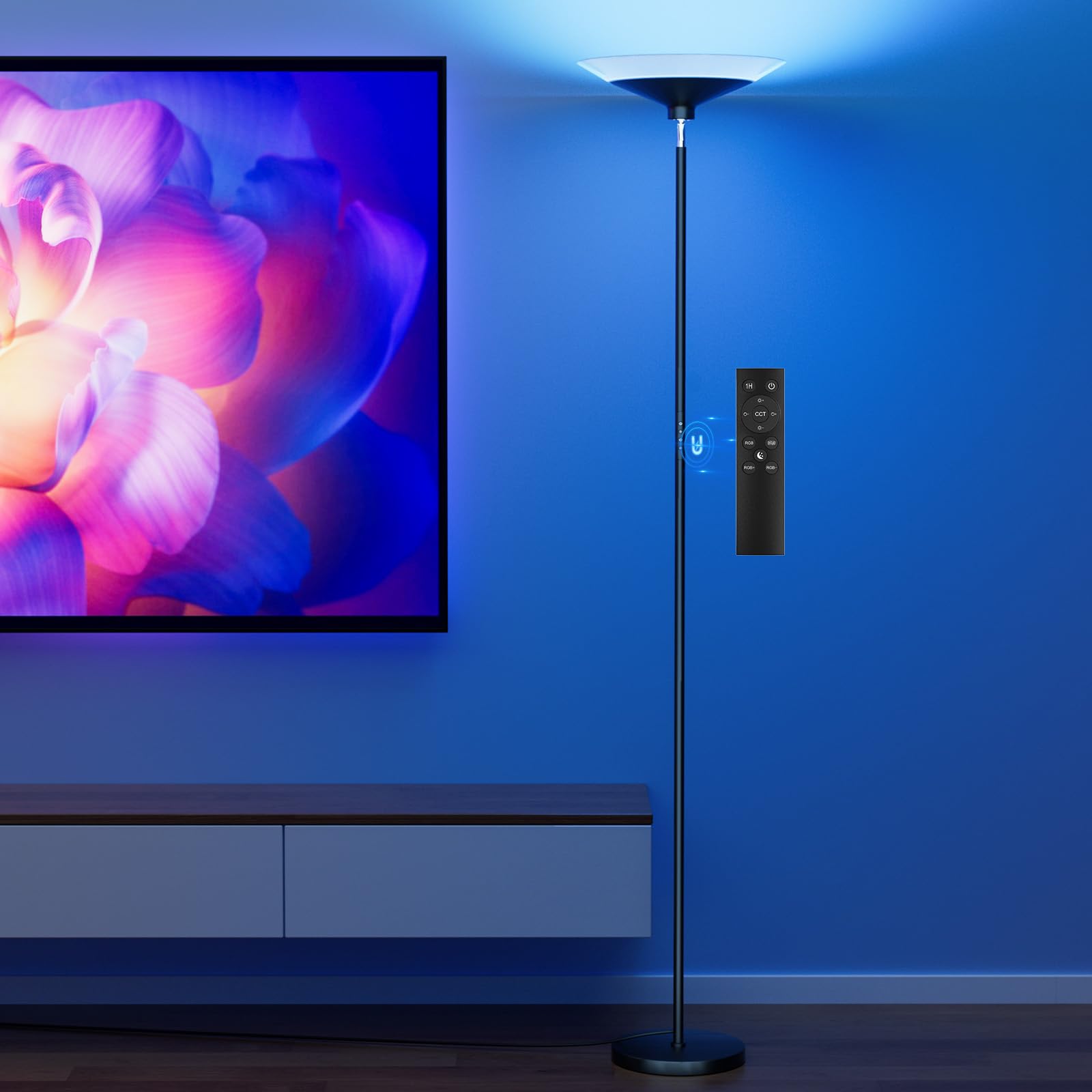 SIBRILLE RGB torchiere lamp in living room setting for ambient lighting