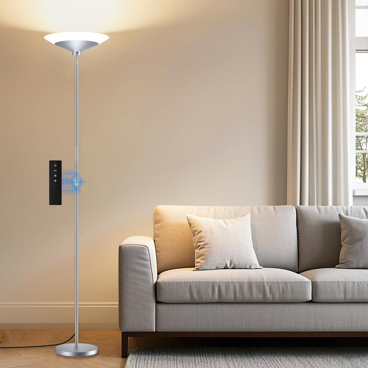 SIBRILLE torchiere floor lamp with remote control for easy dimming in any room