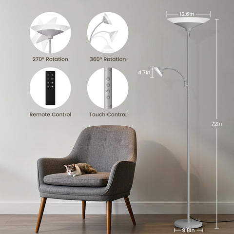 SIBRILLE torchiere lamp with reading light offers focused task lighting at night.