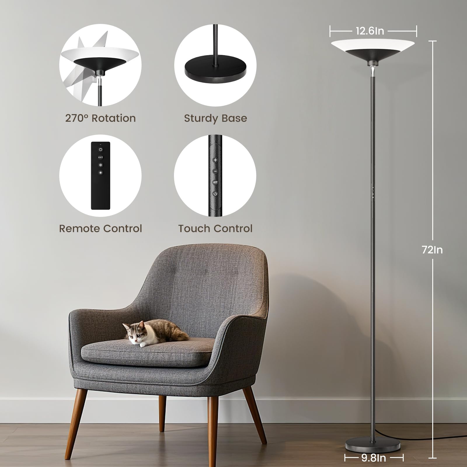 Sibrille torchiere 72-inch shade illuminates a room with a gentle ambient glow.