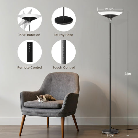Sibrille torchiere 72-inch shade illuminates a room with a gentle ambient glow.