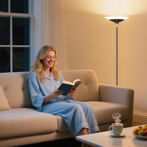 Sibrille torchiere two-zone lighting enables warm ambience or bright task lighting.